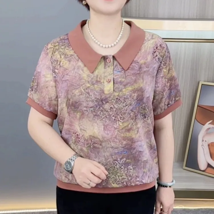 夏季新款时尚翻领印花中老年气质妈妈装宽松显瘦短袖上衣H216