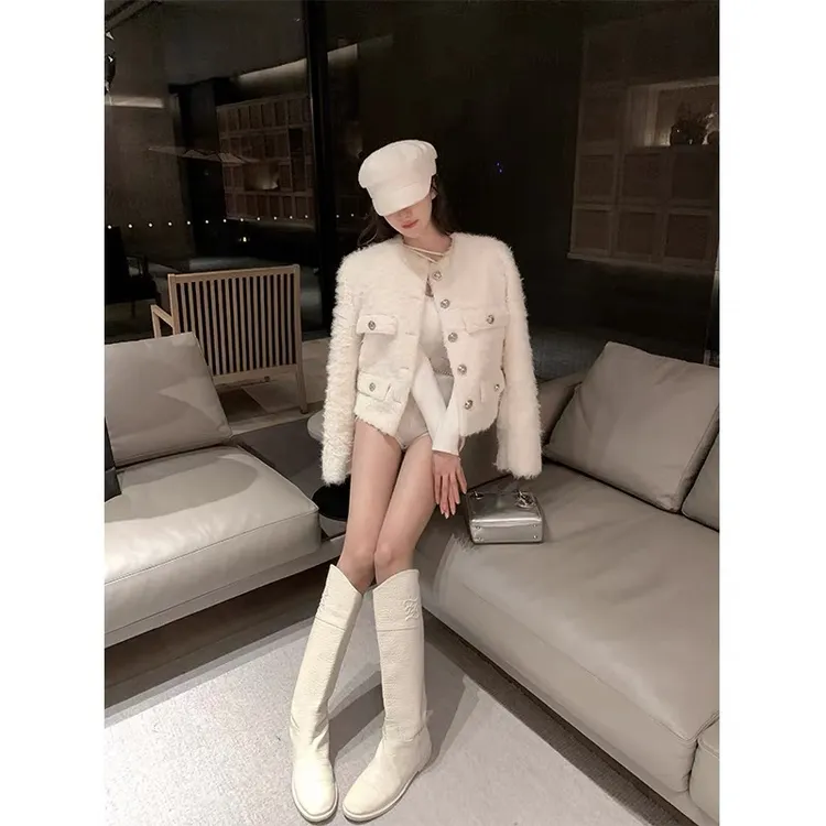 【冰岛绒绒】秋冬法式气质少女修身小香风短款长袖毛呢外套女2582#