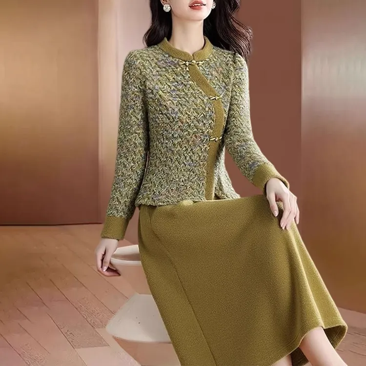 改良旗袍毛呢连衣裙女秋冬加厚两件套气质高级感减龄复古端庄大气