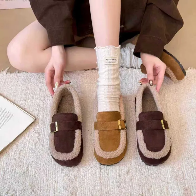 KAMANZHE/卡曼哲2025新款冬季加绒保暖软底软面时尚豆豆鞋女鞋