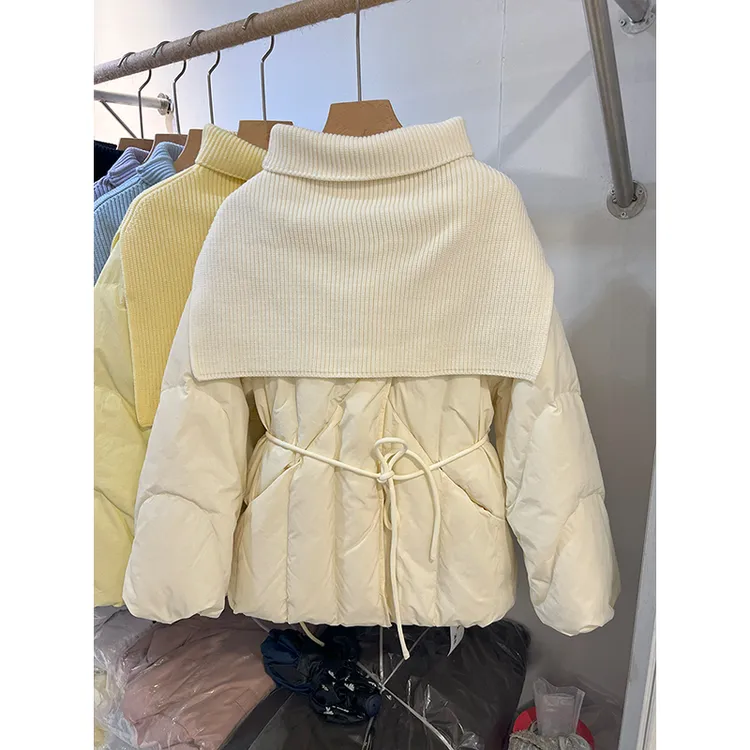 针织披肩棉服女中长款高领收腰系带外套米白色设计感外套上衣