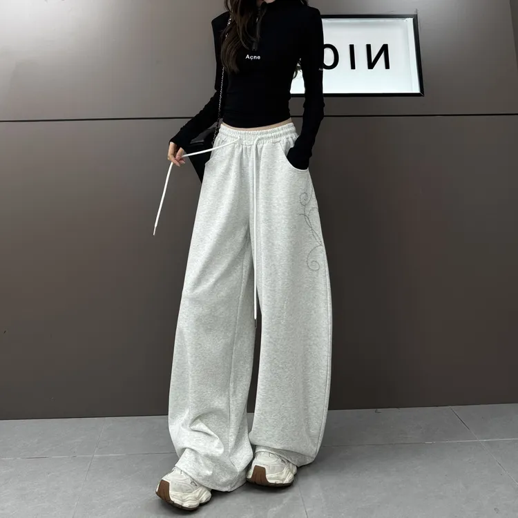 2025年加绒加厚新款重工刺绣千禧玫瑰时尚气质宽松显瘦休闲裤