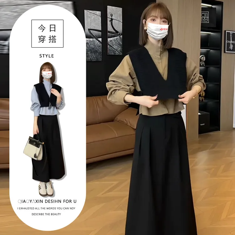 2025早春高级感三件套穿搭时尚气质纯色衬衫黑色马甲高腰半身裙女