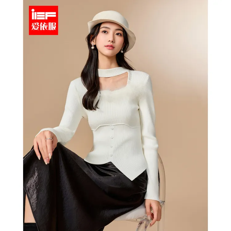 IEF/爱依服2025冬季新款法式性感小女人气质设计感修身毛织上衣