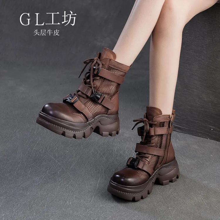 英伦风厚底轻底马丁靴女2025春夏新款头层牛皮复古透气休闲凉靴女