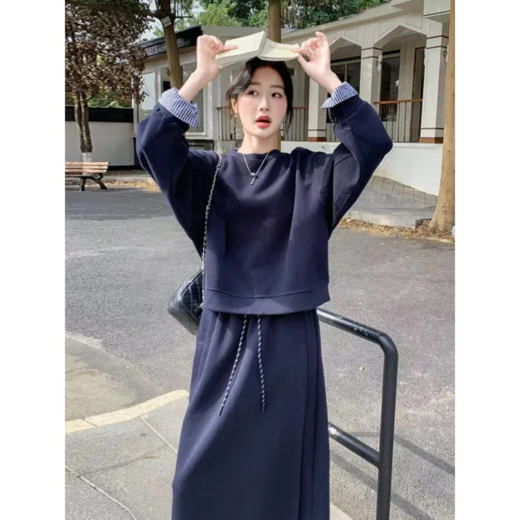 藏青色卫衣半身裙两件套女2025年春季新款时尚休闲慵懒风减龄套装