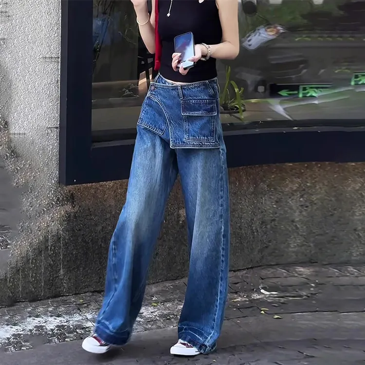 欧货不规则设计感阔腿牛仔裤女2025秋季新款胖mm宽松直筒拖地裤