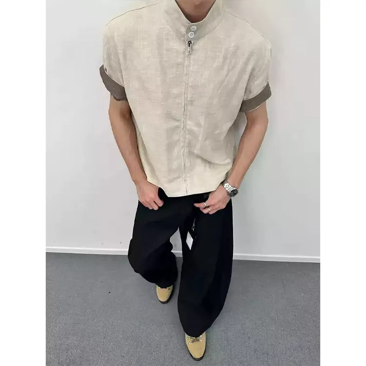 威尔士亲王千鸟格哈灵衬衫夏季领口袖撞色设计感宽松复古风衫衣男