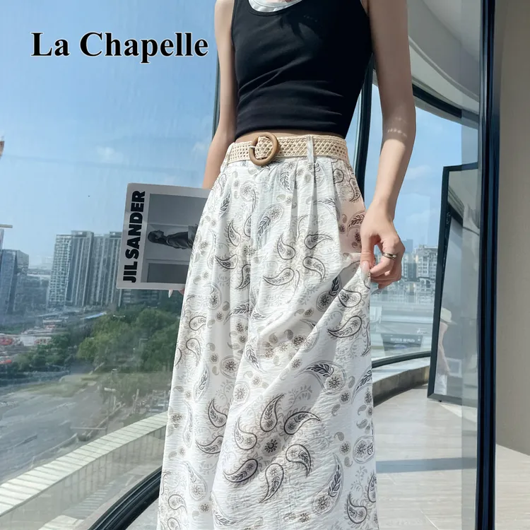 拉夏贝尔冰丝印花休闲裤2025夏季薄款显瘦慵懒百搭九分阔腿裤子女