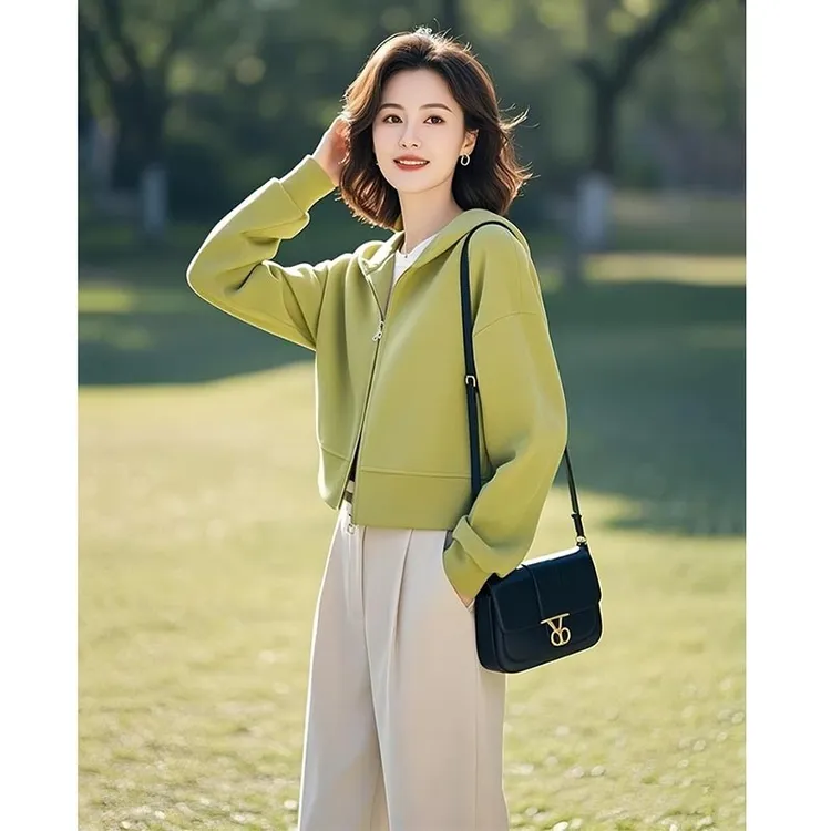 韩版显瘦休闲连帽短款外套女士2025春季新款百搭洋气纯色百搭卫衣