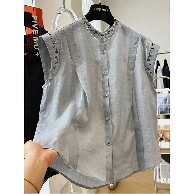 纯棉大码独特漂亮无袖衬衫女重工刺绣外穿马甲背心显瘦气质小衫