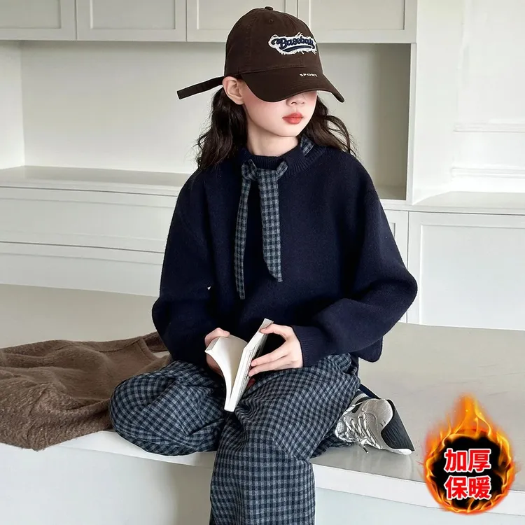 女大童冬装系带针织毛衣女童秋冬2025新款高级复古宽松加厚上衣