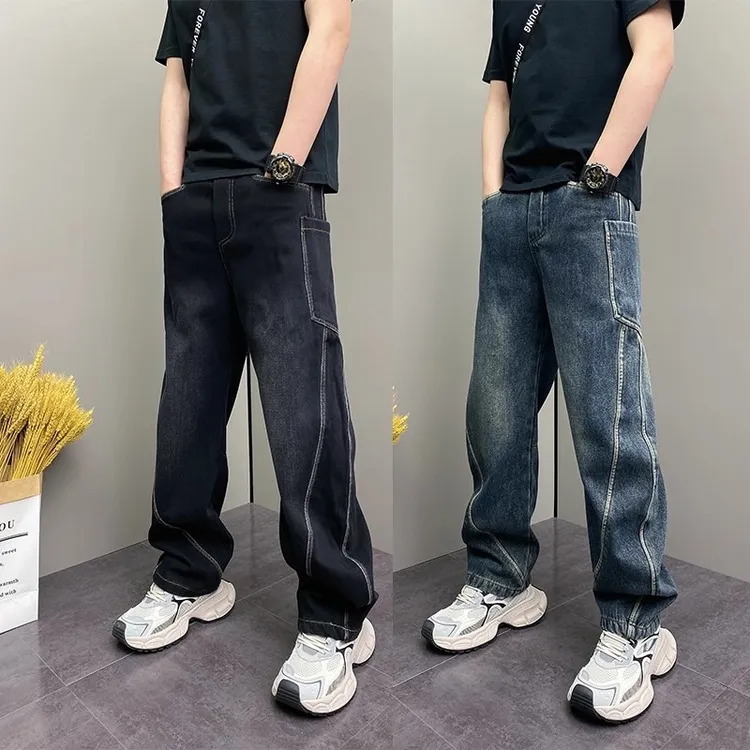 秋冬加绒加厚牛仔裤时尚简约宽松哈伦水洗裤男士休闲美式牛仔裤男