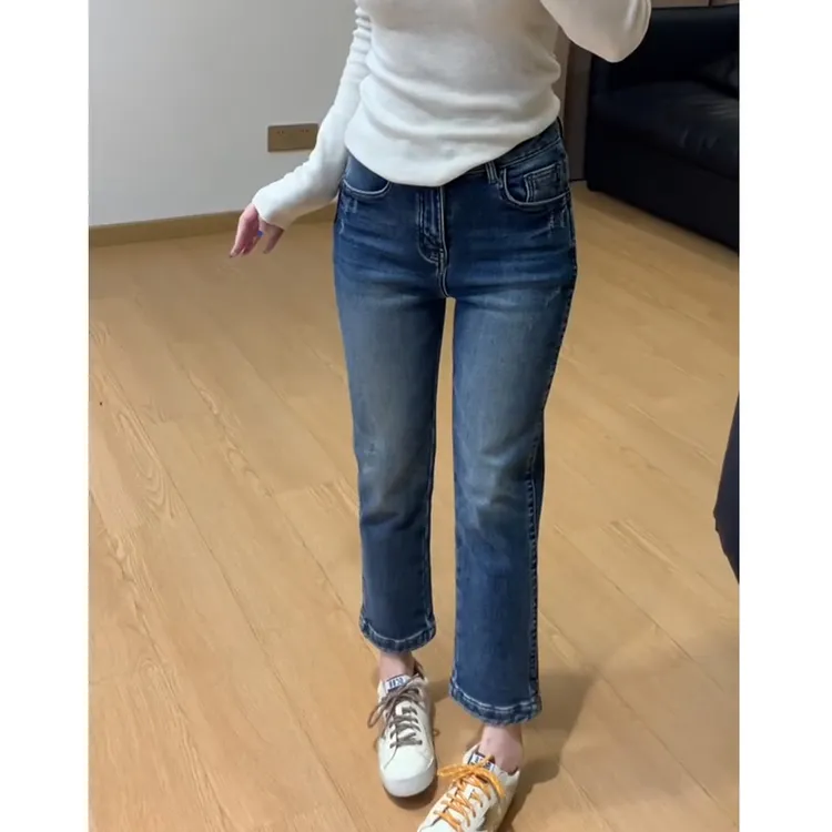 蓝色九分烟管法棍裤女秋冬加绒高腰弹力小个子大码显瘦直筒牛仔裤