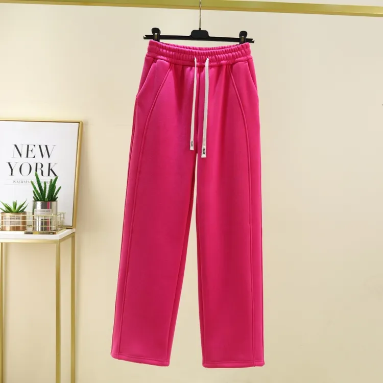 冬季加绒加厚高腰窄版直筒裤女士休闲时装百搭大码显瘦宽松保暖