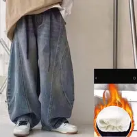 冬季女童加绒裤子一体绒牛仔裤宽松时髦湾刀裤男宝潮酷痞帅童装男