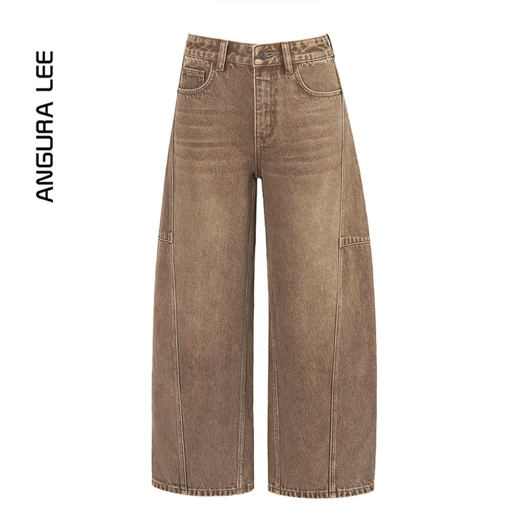 Angura Lee秋冬琥珀流光风红棕色弯刀裤垂感显瘦高腰阔腿牛仔裤