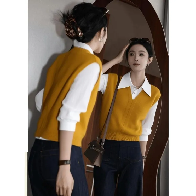 黄色拼接假两件衬衫针织衫毛衣女款2025新款巨好看的冬装内搭上衣