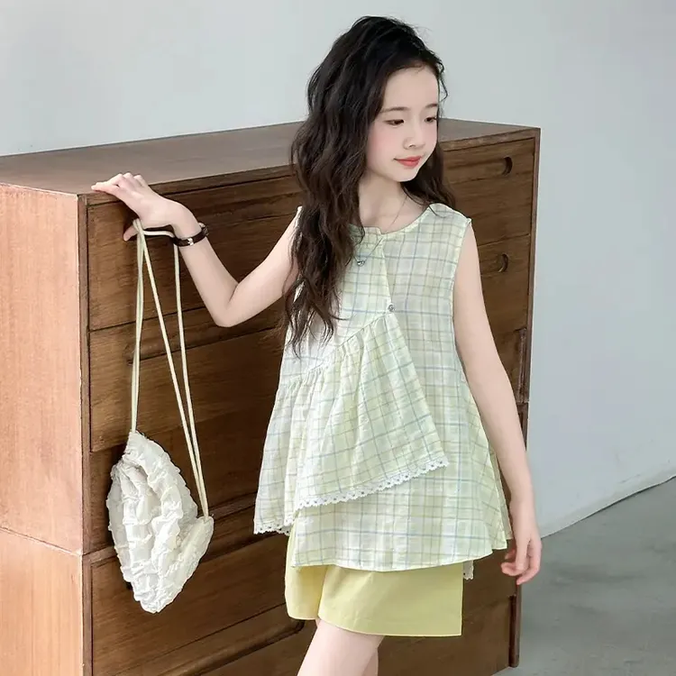 女童夏装套装2025新款中大儿童不规则无袖上衣短裤两件套夏季时髦