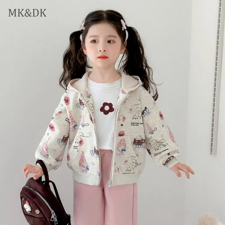 MK&DK女童外套春秋款2025新款韩版女宝宝卡通卫衣儿童连帽上衣