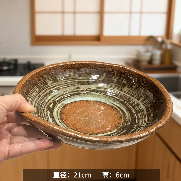 翠棕流纹手工粗陶盘 文艺复古肌理侘寂风餐具 网红创意餐盘果盘