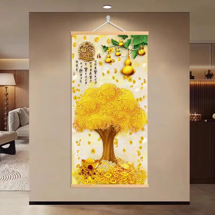 摇钱树发财树简约玄关装饰画走廊过道竖版壁画大道招财进宝墙画