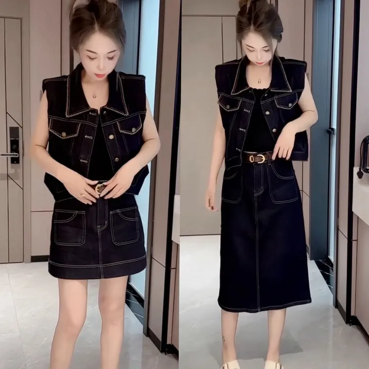 时尚显瘦牛仔半身裙套装坎袖马甲+高腰短裙小个子遮肉减龄两件套