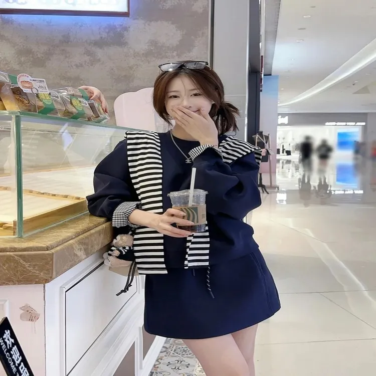 早秋长袖系披肩叠穿撞色条纹宽松两高腰女半身裙卫衣抽绳