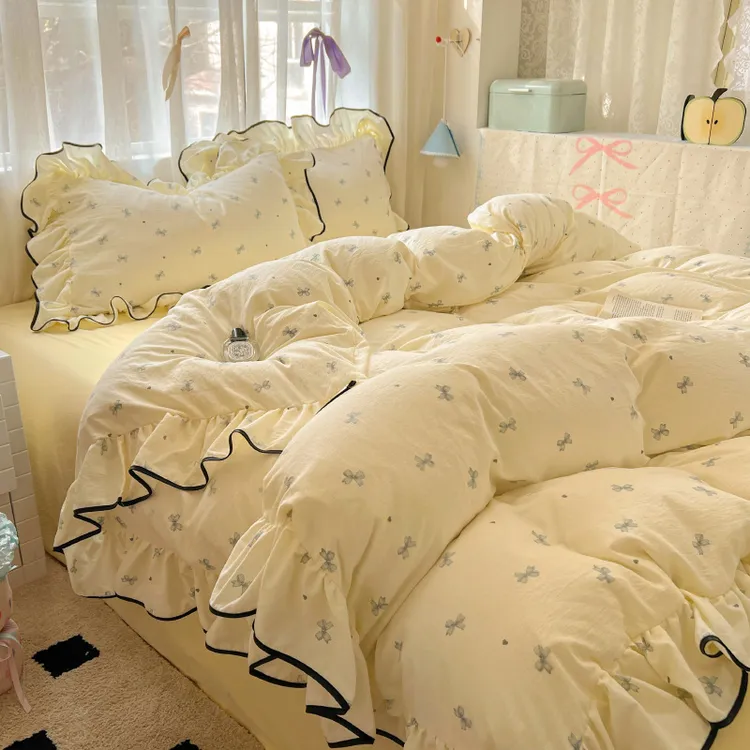 韩版公主风水洗棉大花边四件套少女心花边荷叶边被套小号三件套