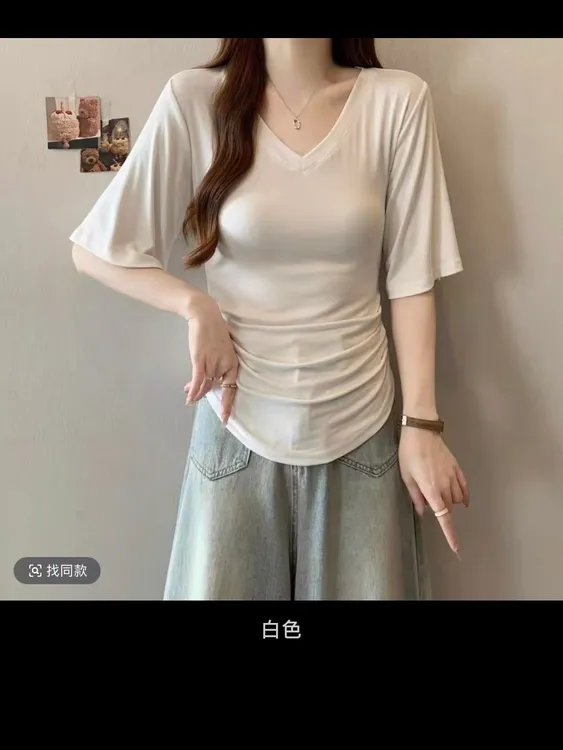 新款网红韩版透气可爱T恤夏季纯色V领禅意纯欲网红洋气炸街女装
