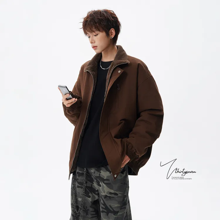 V37美式复古立领短款飞行员夹克男冬季工装风bomber宽松休闲棉衣