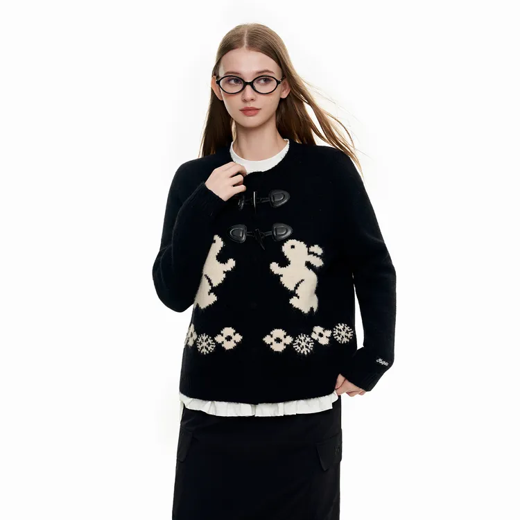 KXLFCHN空穴来风 秋冬牛角扣百搭提花长袖兔子毛衣针织衫女外套潮