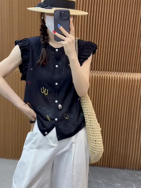 欧洲站2025年夏季新款时尚刺绣卡通针织开衫女花边袖洋气上衣