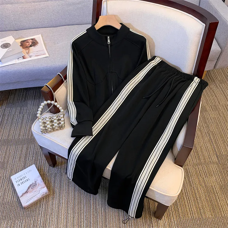 时尚休闲运动套装女春秋大码胖妹妹显瘦长袖开衫上衣阔腿裤两件套