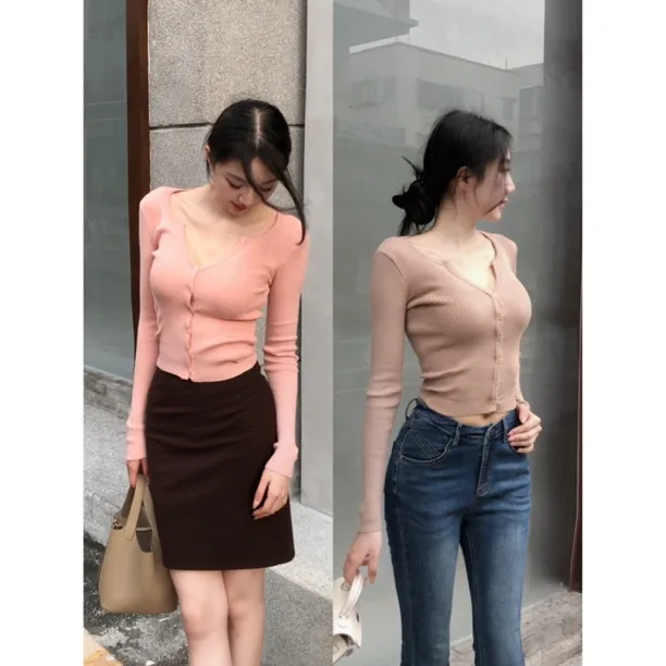 希野逸儿/韩秘书穿搭纽扣V领修身显瘦性感女人显身材中长袖开衫女