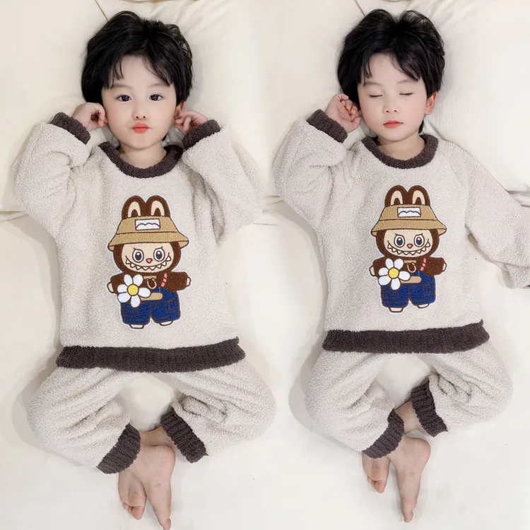 儿童睡衣法兰绒秋冬季新款男宝宝卡通拉布布保暖半边绒家居服套装