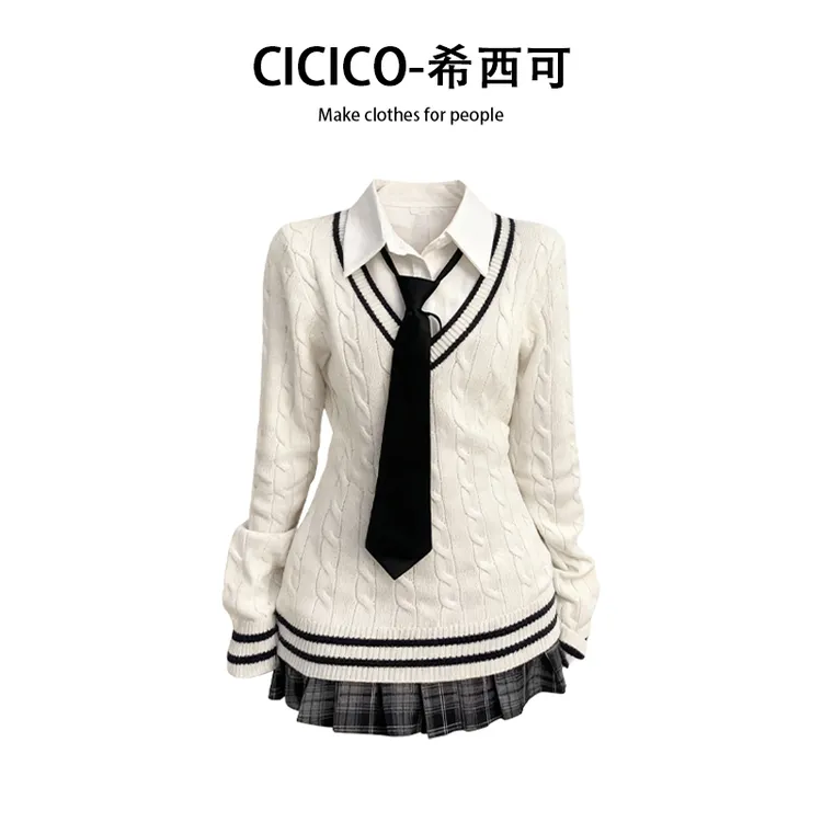 韩系穿搭假两件针织衫学院风职业套装短裙女秋冬轻职风通勤两件套