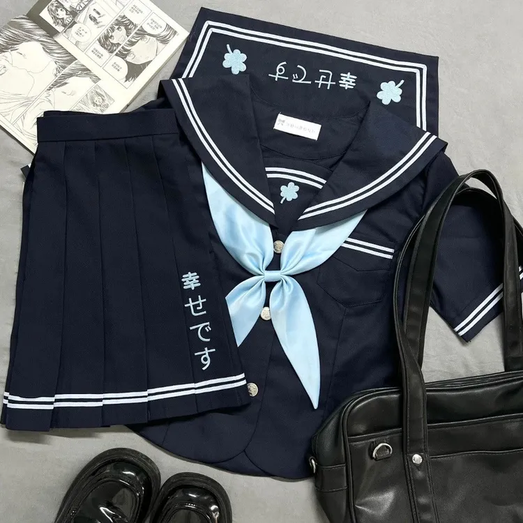 【叁叶町】三叶草刺绣JK水手服原创正版收腰学院风绀色百褶裙套装
