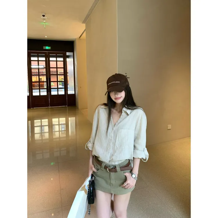 秋季小众宽松设计感时尚休闲百搭显瘦女装衬衫Polo翻领长袖棉麻丝