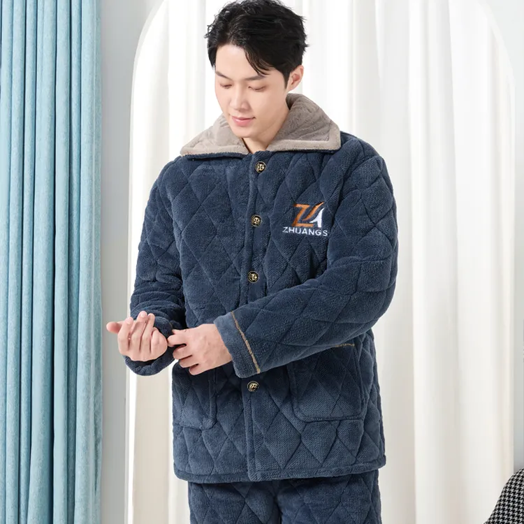 壮叔男士冬季加绒加厚三层夹棉睡衣冬款法兰绒珊瑚绒家居服套装男