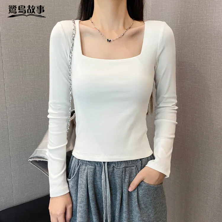 鹭岛故事白色方领长袖t恤女春秋2025新款内搭修身打底衫显瘦上衣