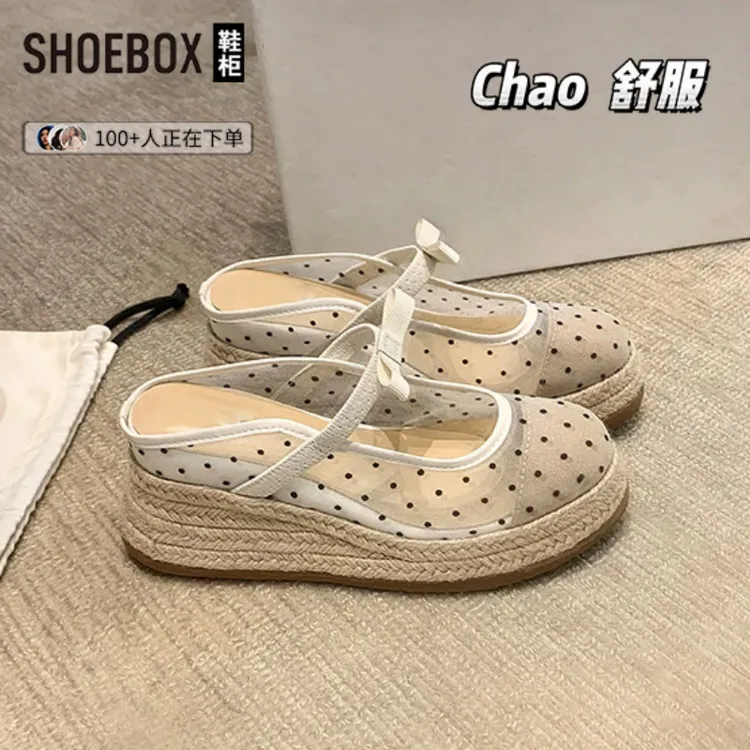 SHOEBOX鞋柜8cm厚底~网纱坡跟凉拖蝴蝶结玛丽珍包头度假拖鞋女