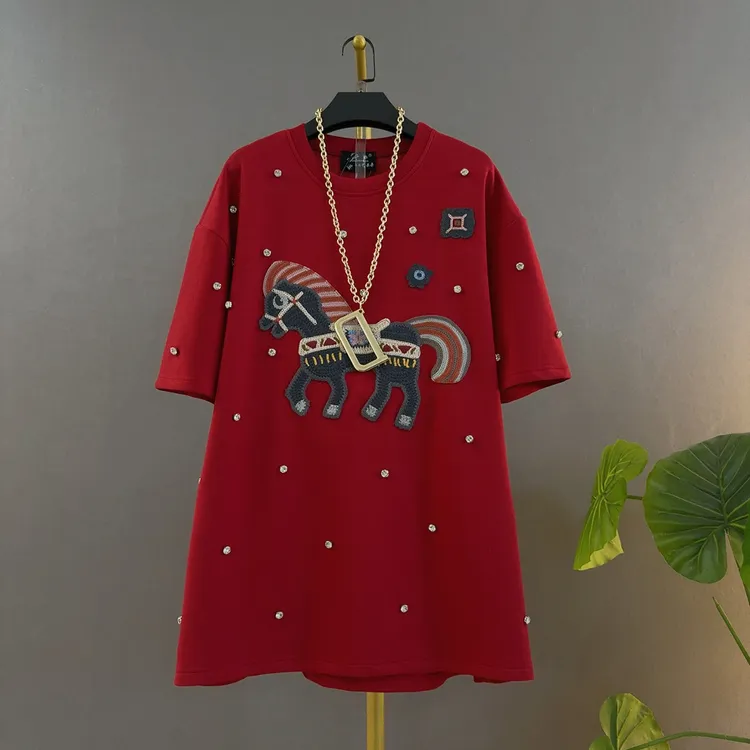 贴布短袖圆领宽松型大码T恤刺绣/绣花卡通动漫马上有钱时尚遮肚子