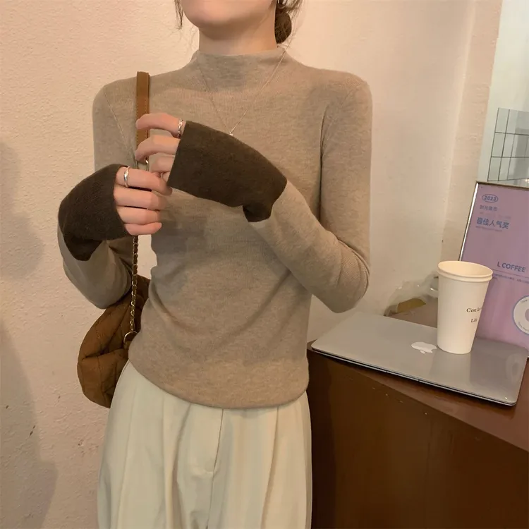 哥弟阿玛施正女款长袖拼接韩版秋冬辣妹风毛针织衫显瘦常规款打底