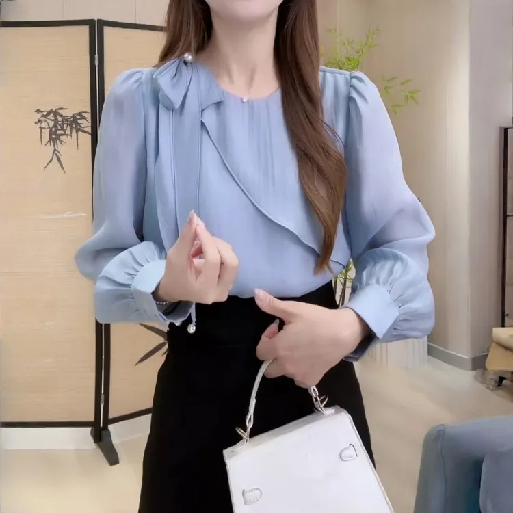 韩系气质时尚减龄衬衫女2025秋季新款百搭显瘦荷叶边设计长袖上衣