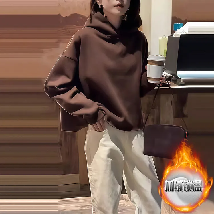美拉德复古加绒加厚连帽卫衣女2025秋冬新款宽松显瘦保暖简约上衣