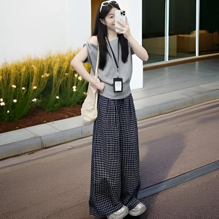 韩系减龄运动服套装女夏季宽松显瘦学生斜肩短袖阔腿裤休闲两件套