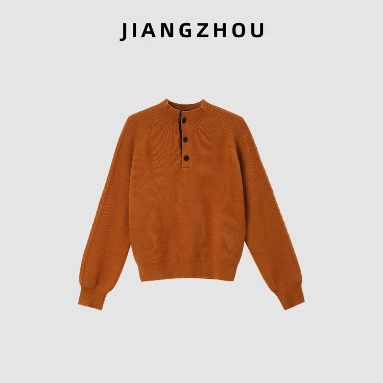 江洲【温暖】冬季新款撞色加厚纽扣半开襟高领超软超保暖羊毛套头衫