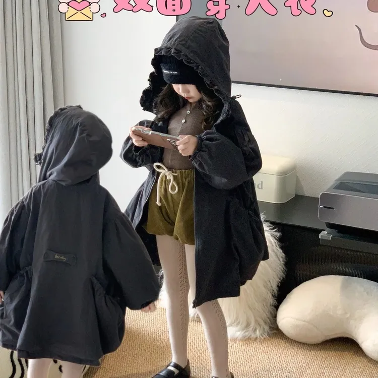 女童两面穿碎花外套秋装2025新女孩抽绳休闲风大衣中长款连帽风衣
