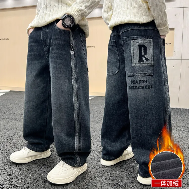 男童加绒牛仔裤软一体加厚中大童时尚弯刀萝卜裤胖儿童直筒秋冬季